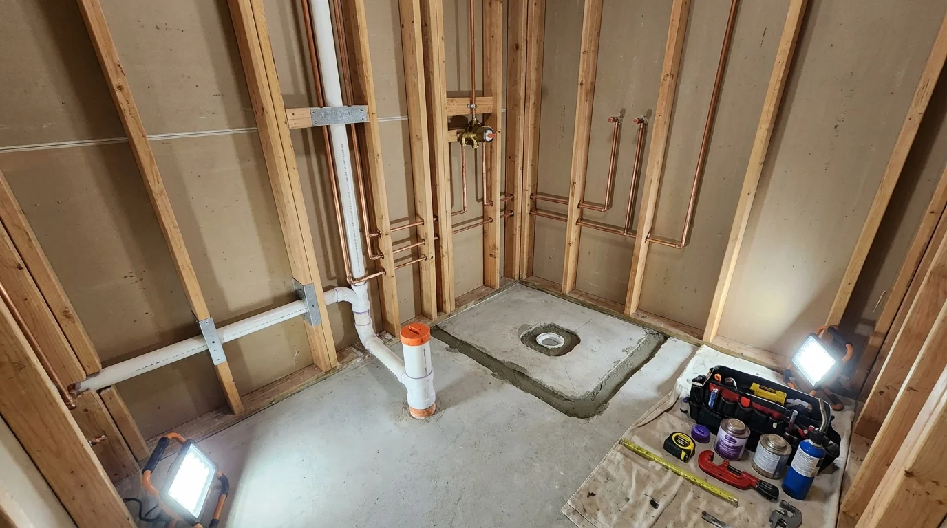 Bathroom rough-in plumbing during remodel by Johns Plumbing LLC in Urania