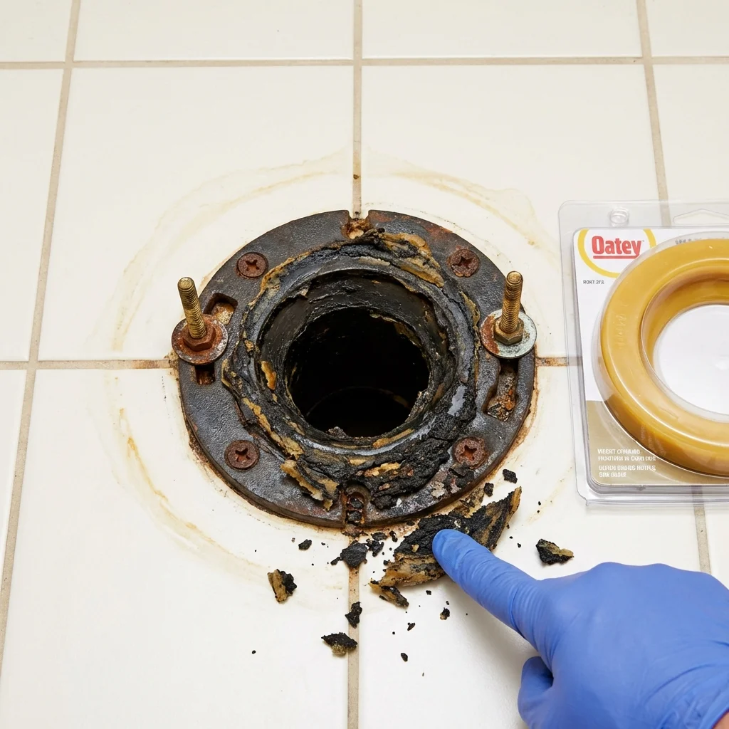 Failed wax ring showing water seepage at the base of a toilet in a Urania, LA home