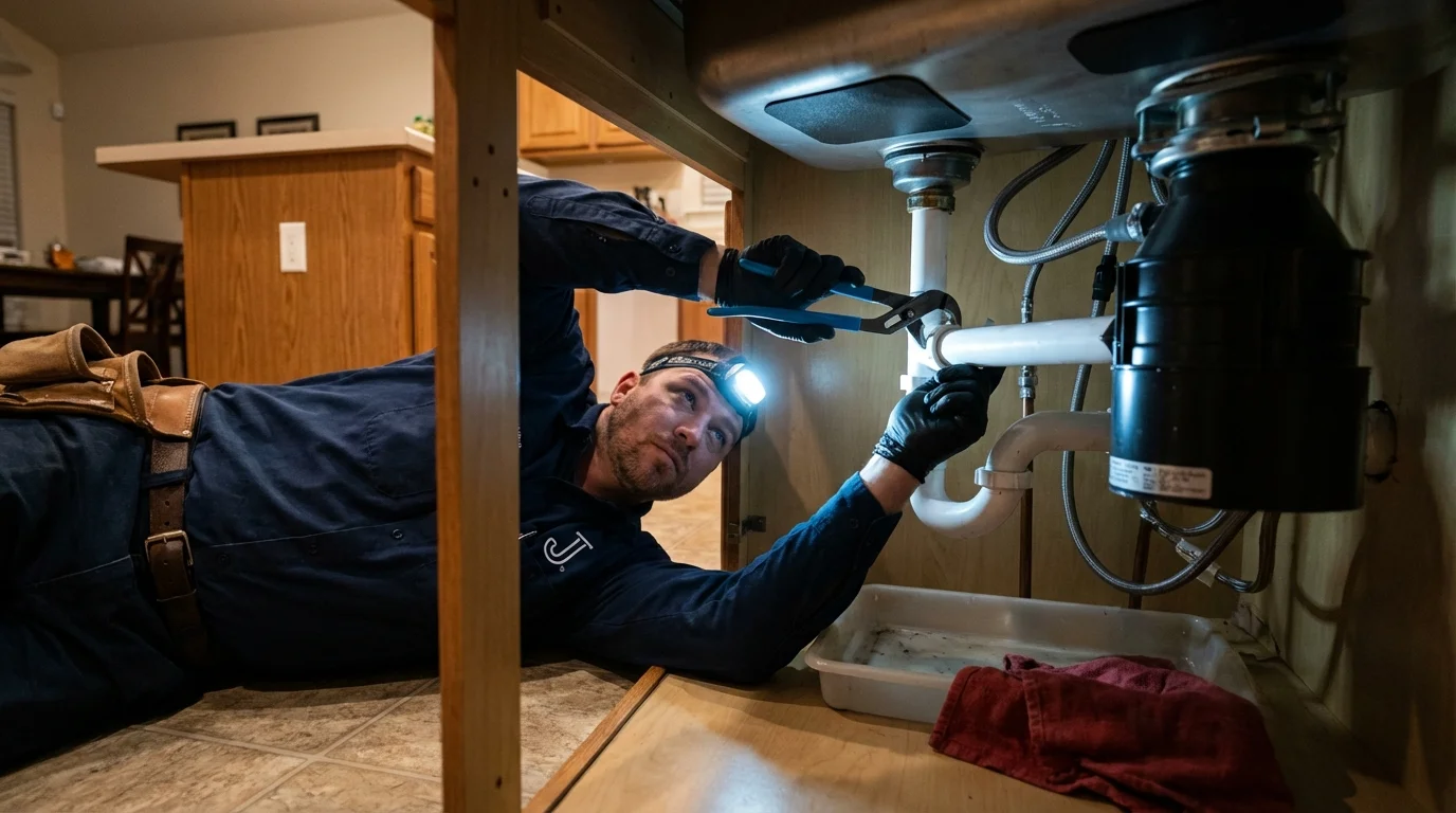 P-trap and supply line connections under a kitchen sink showing a common leak point in Urania, LA